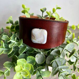 Handmade MishaGirl Leather Cuff Bracelet, White Agate Stone Bead
